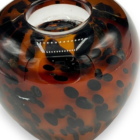 Hand Blown Poland ART GLASS Candle Holder Tea Light Brown Black Spots Large - Picture 4 of 8